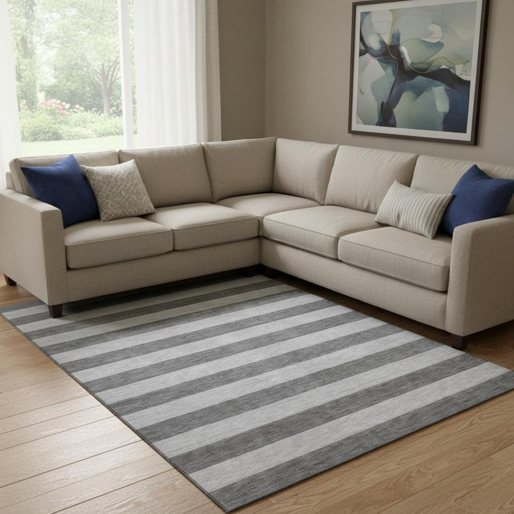 HomeRoots 9' X 12' Striped Area Rug in Granite Gray & Ivory - Washable, UV Protected, Stain-Resistant Comfort 647751