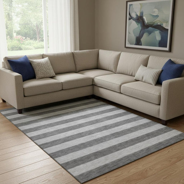 HomeRoots 9' X 12' Striped Area Rug in Granite Gray & Ivory - Washable, UV Protected, Stain-Resistant Comfort 647751