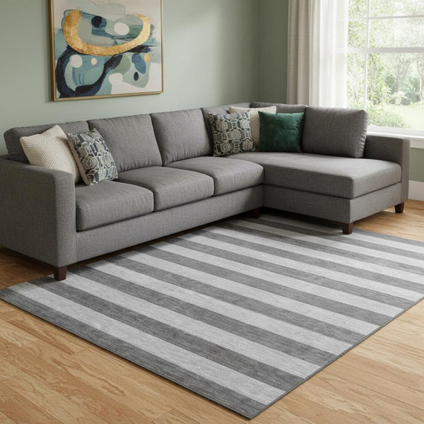 HomeRoots 10' Stylish Granite Gray and Ivory Striped Washable Area Rug with UV Protection for Active Homes 647752