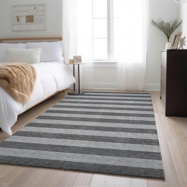 HomeRoots 10' Stylish Granite Gray and Ivory Striped Washable Area Rug with UV Protection for Active Homes 647752