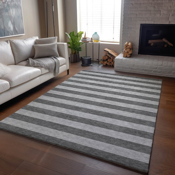 HomeRoots 10' Stylish Granite Gray and Ivory Striped Washable Area Rug with UV Protection for Active Homes 647752