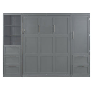 English Elm Queen Murphy Wall Bed with Wardrobe Drawers and Shelves for Studio or Guest Room Gray LP000865AAE-2