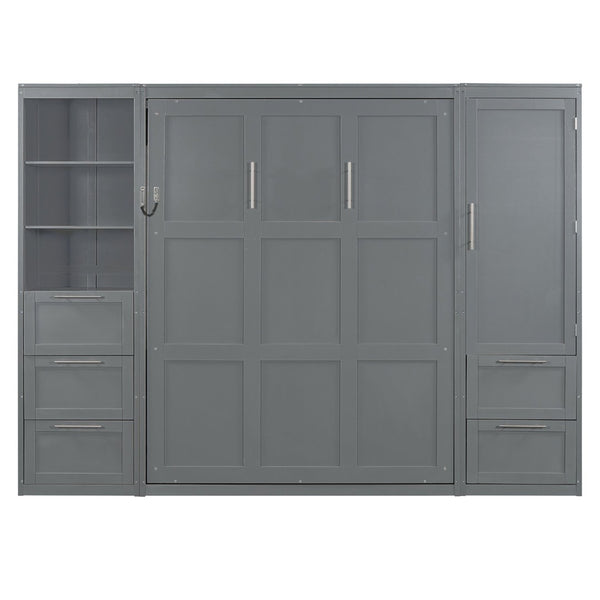 English Elm Queen Murphy Wall Bed with Wardrobe Drawers and Shelves for Studio or Guest Room Gray LP000865AAE-2