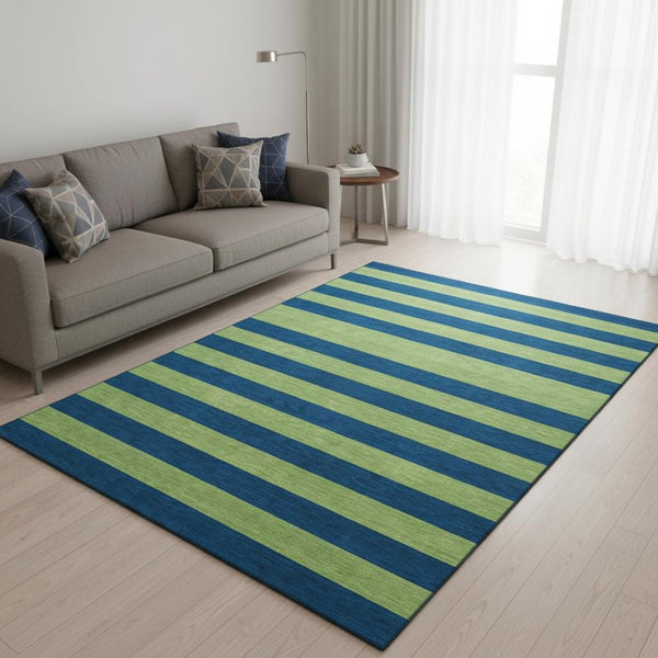 HomeRoots 5' Navy Blue and Green Striped Washable Area Rug - Stain Resistant, UV Protected for High Traffic Areas 647754