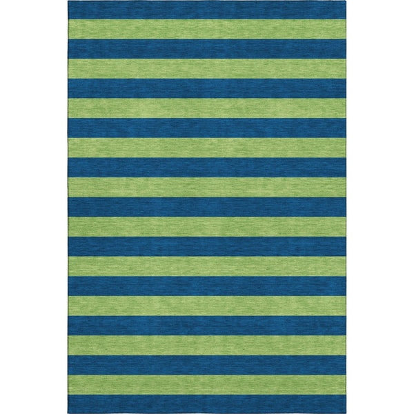 HomeRoots 5' Navy Blue and Green Striped Washable Area Rug - Stain Resistant, UV Protected for High Traffic Areas 647754
