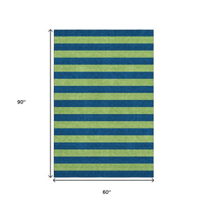 HomeRoots 5' Navy Blue and Green Striped Washable Area Rug - Stain Resistant, UV Protected for High Traffic Areas 647754