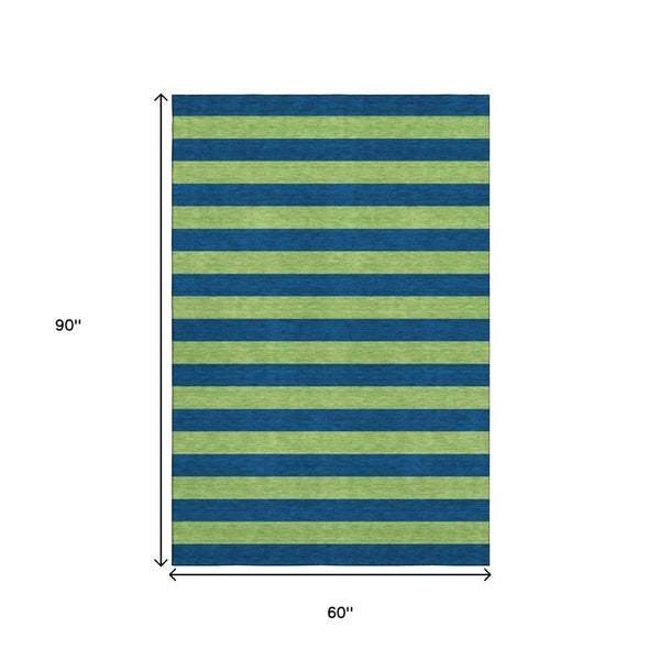 HomeRoots 5' Navy Blue and Green Striped Washable Area Rug - Stain Resistant, UV Protected for High Traffic Areas 647754