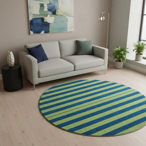 HomeRoots 8' Striped Round Rug in Navy Blue and Green - Washable, UV-Protected, Durable for Indoor & Outdoor Use 647755