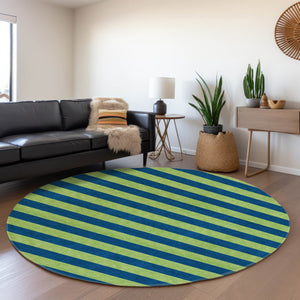 HomeRoots 8' Striped Round Rug in Navy Blue and Green - Washable, UV-Protected, Durable for Indoor & Outdoor Use 647755