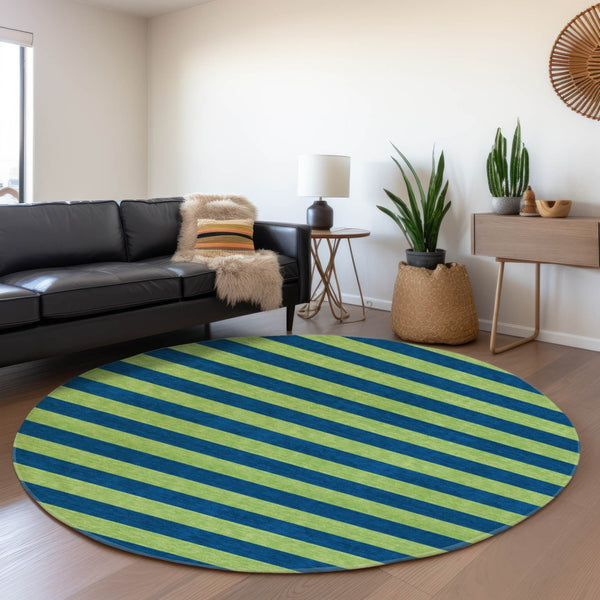 HomeRoots 8' Striped Round Rug in Navy Blue and Green - Washable, UV-Protected, Durable for Indoor & Outdoor Use 647755