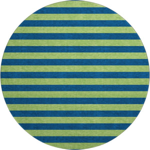 HomeRoots 8' Striped Round Rug in Navy Blue and Green - Washable, UV-Protected, Durable for Indoor & Outdoor Use 647755