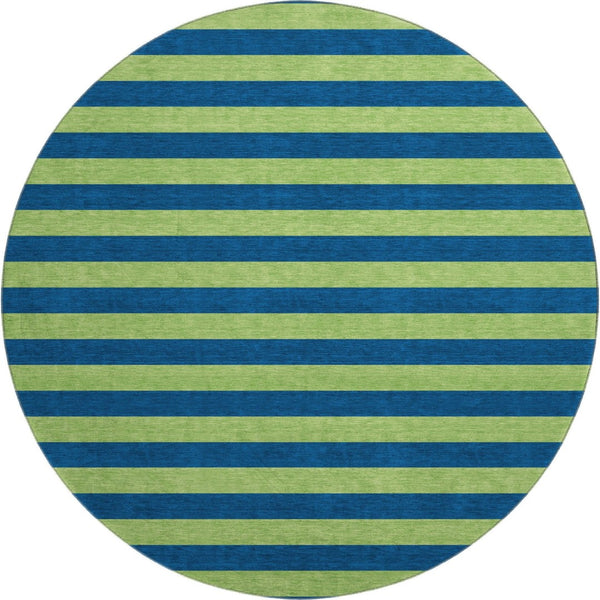 HomeRoots 8' Striped Round Rug in Navy Blue and Green - Washable, UV-Protected, Durable for Indoor & Outdoor Use 647755