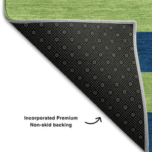HomeRoots 8' Striped Round Rug in Navy Blue and Green - Washable, UV-Protected, Durable for Indoor & Outdoor Use 647755