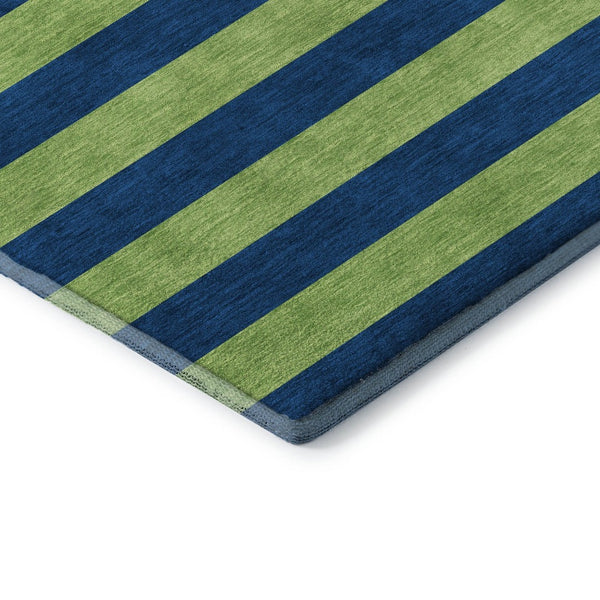 HomeRoots 8' Striped Round Rug in Navy Blue and Green - Washable, UV-Protected, Durable for Indoor & Outdoor Use 647755