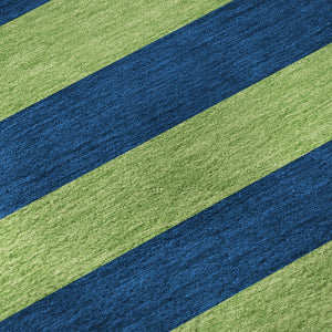 HomeRoots 8' Striped Round Rug in Navy Blue and Green - Washable, UV-Protected, Durable for Indoor & Outdoor Use 647755