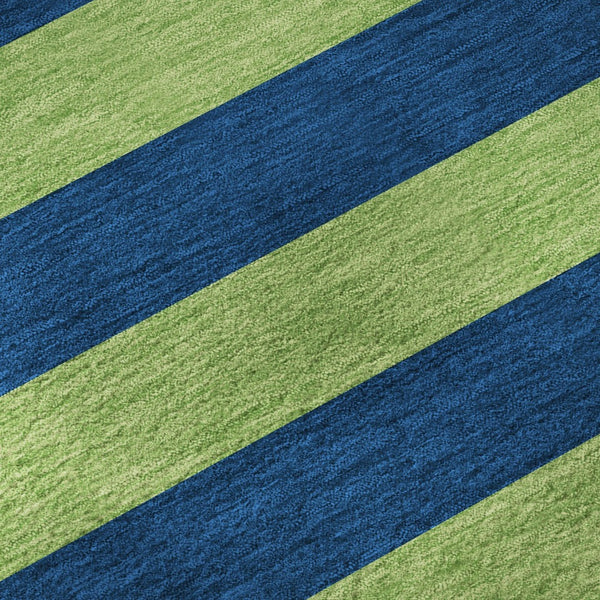 HomeRoots 8' Striped Round Rug in Navy Blue and Green - Washable, UV-Protected, Durable for Indoor & Outdoor Use 647755