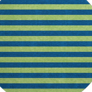 HomeRoots 8' Striped Round Rug in Navy Blue and Green - Washable, UV-Protected, Durable for Indoor & Outdoor Use 647755