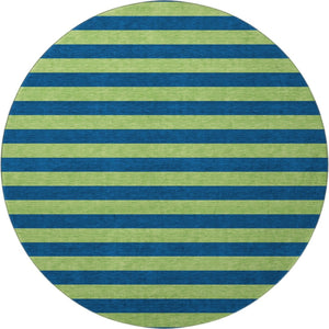 HomeRoots 8' Striped Round Rug in Navy Blue and Green - Washable, UV-Protected, Durable for Indoor & Outdoor Use 647755