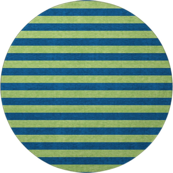 HomeRoots 8' Striped Round Rug in Navy Blue and Green - Washable, UV-Protected, Durable for Indoor & Outdoor Use 647755