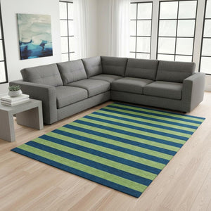 HomeRoots 8' X 10' Navy Blue and Green Striped Area Rug - Stain Resistant, UV Protected, Durable Design for Homes 647756