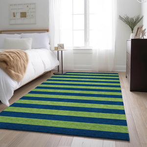 HomeRoots 8' X 10' Navy Blue and Green Striped Area Rug - Stain Resistant, UV Protected, Durable Design for Homes 647756