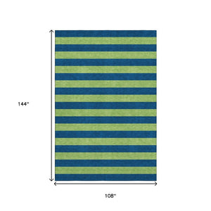 HomeRoots 9' X 12' Navy Blue and Green Striped Area Rug - Washable, UV-Protected, Durable for Kids & Pets! 647757
