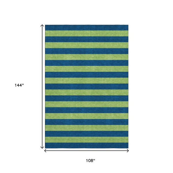 HomeRoots 9' X 12' Navy Blue and Green Striped Area Rug - Washable, UV-Protected, Durable for Kids & Pets! 647757
