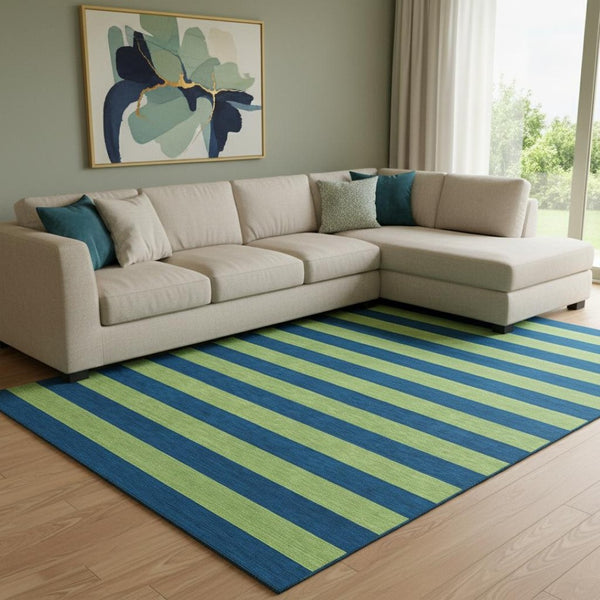 HomeRoots 9' X 12' Navy Blue and Green Striped Area Rug - Washable, UV-Protected, Durable for Kids & Pets! 647757