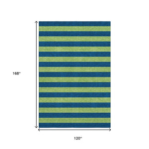 HomeRoots 10' Navy Blue and Green Striped Washable Area Rug - Durable, UV-Protected, Perfect for Busy Homes! 647758