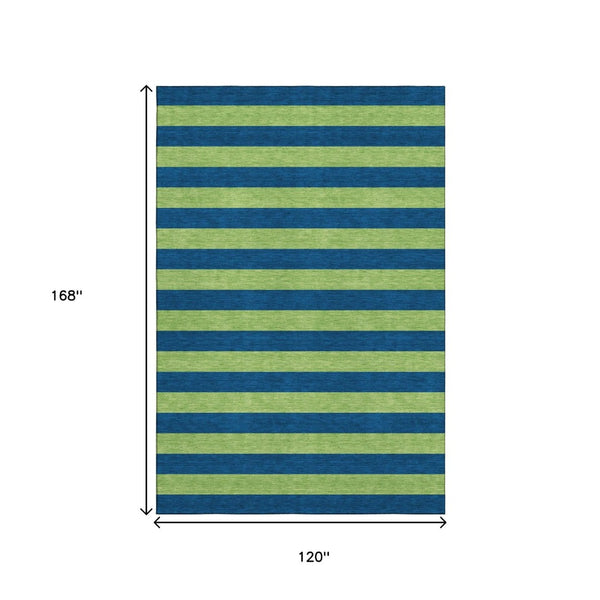 HomeRoots 10' Navy Blue and Green Striped Washable Area Rug - Durable, UV-Protected, Perfect for Busy Homes! 647758
