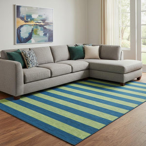 HomeRoots 10' Navy Blue and Green Striped Washable Area Rug - Durable, UV-Protected, Perfect for Busy Homes! 647758