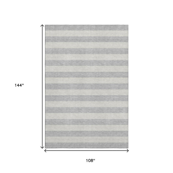 HomeRoots 9' X 12' Versatile Pewter and Gray Striped Washable Area Rug with Stain Resistance & UV Protection 647763