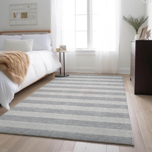 HomeRoots 9' X 12' Versatile Pewter and Gray Striped Washable Area Rug with Stain Resistance & UV Protection 647763