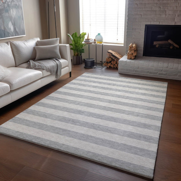 HomeRoots 9' X 12' Versatile Pewter and Gray Striped Washable Area Rug with Stain Resistance & UV Protection 647763
