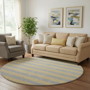 HomeRoots 8' Elegant Silver and Gold Striped Washable Round Rug with UV Protection for High-Traffic Areas 647767