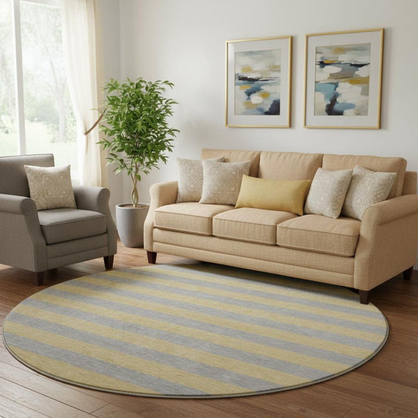 HomeRoots 8' Elegant Silver and Gold Striped Washable Round Rug with UV Protection for High-Traffic Areas 647767