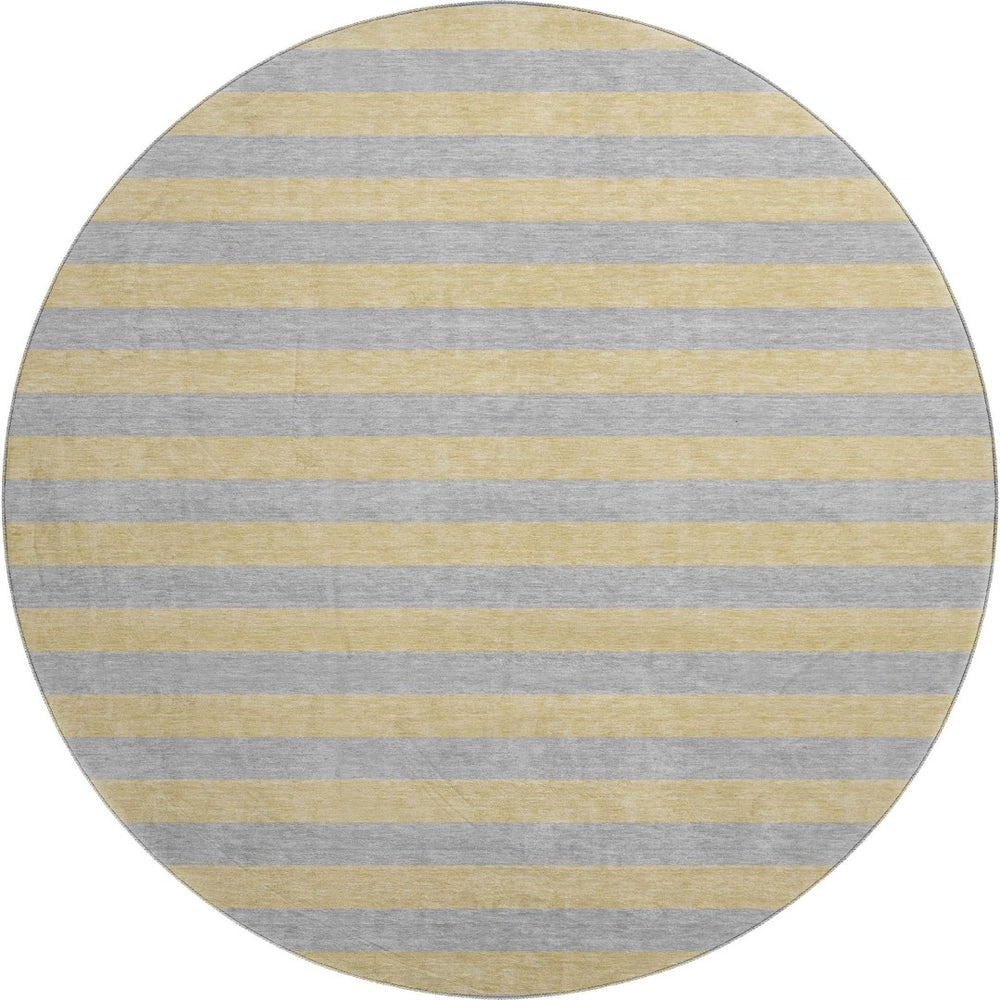 HomeRoots 8' Elegant Silver and Gold Striped Washable Round Rug with UV Protection for High-Traffic Areas 647767
