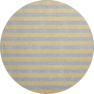 HomeRoots 8' Elegant Silver and Gold Striped Washable Round Rug with UV Protection for High-Traffic Areas 647767