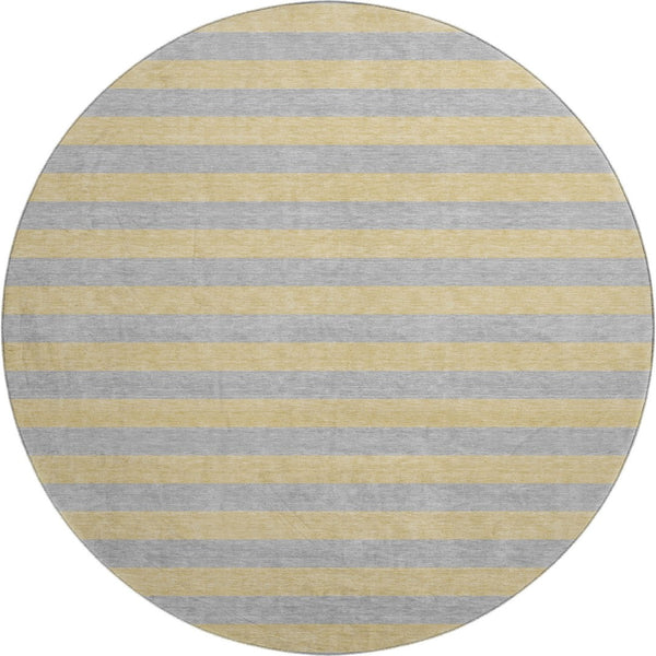 HomeRoots 8' Elegant Silver and Gold Striped Washable Round Rug with UV Protection for High-Traffic Areas 647767