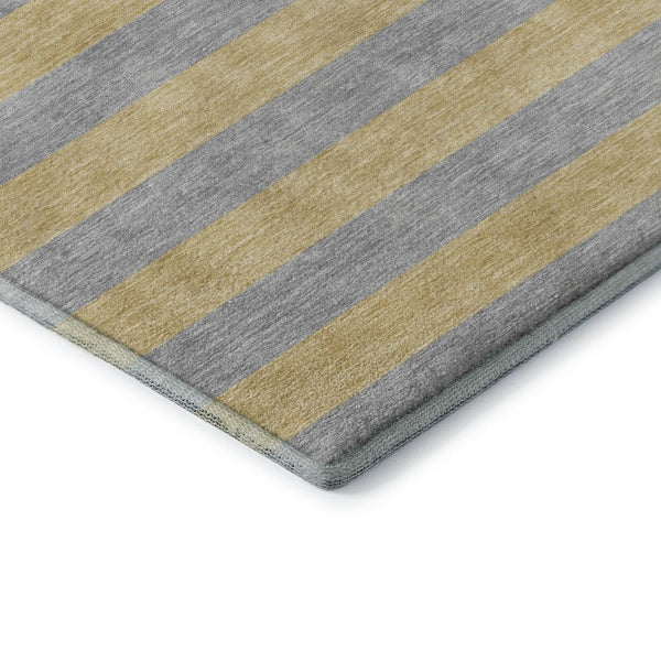HomeRoots 8' Elegant Silver and Gold Striped Washable Round Rug with UV Protection for High-Traffic Areas 647767