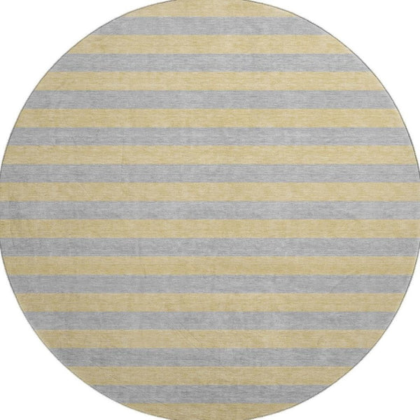 HomeRoots 8' Elegant Silver and Gold Striped Washable Round Rug with UV Protection for High-Traffic Areas 647767