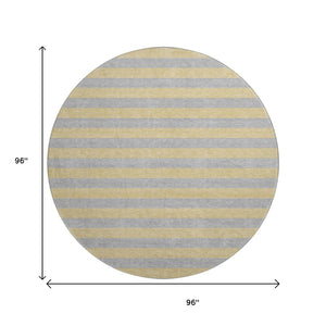 HomeRoots 8' Elegant Silver and Gold Striped Washable Round Rug with UV Protection for High-Traffic Areas 647767