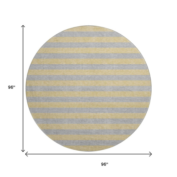 HomeRoots 8' Elegant Silver and Gold Striped Washable Round Rug with UV Protection for High-Traffic Areas 647767