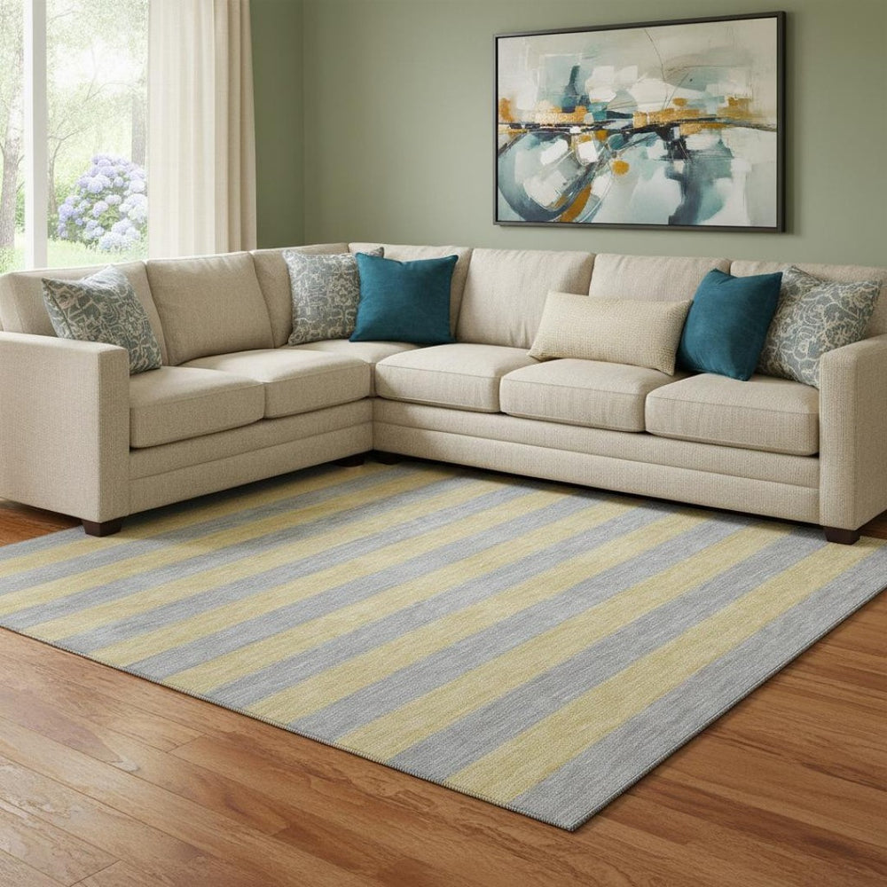 HomeRoots 8' X 10' Stylish Silver & Gold Striped Washable Area Rug with UV Protection for Family Spaces 647768