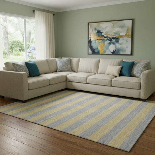 HomeRoots 9' X 12' Silver & Gold Striped Washable Area Rug - UV Protected, Durable & Easy-Care for Homes! 647769
