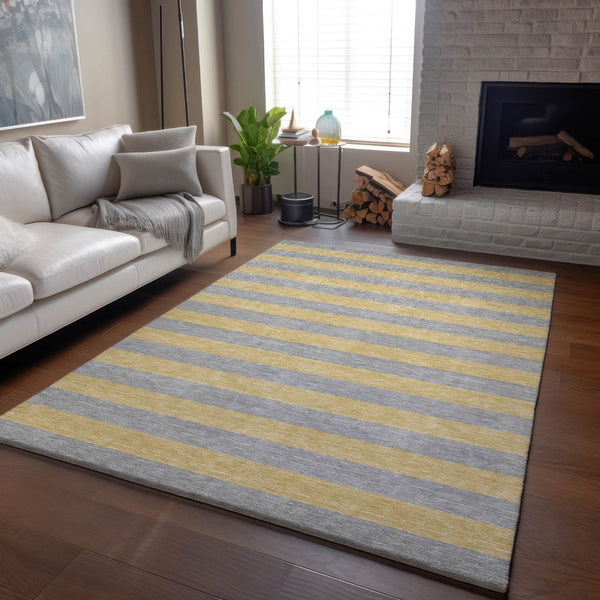HomeRoots 10' Silver and Gold Striped Washable Area Rug – Stylish, Durable, UV-Protected for Modern Spaces 647770