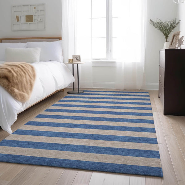 HomeRoots 5' Tan and Blue Striped Washable Area Rug - Durable, UV-Protected, Perfect for Busy Homes & Outdoor Use 647772
