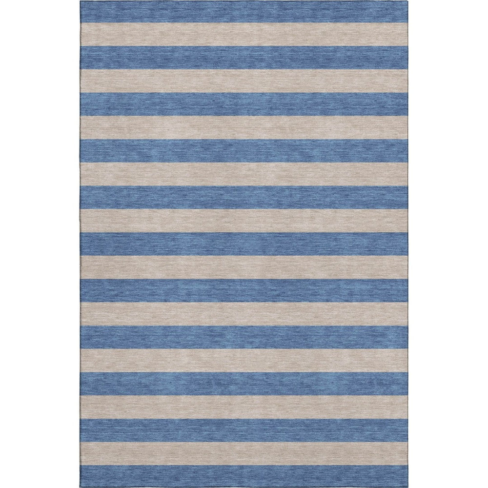 HomeRoots 5' Tan and Blue Striped Washable Area Rug - Durable, UV-Protected, Perfect for Busy Homes & Outdoor Use 647772