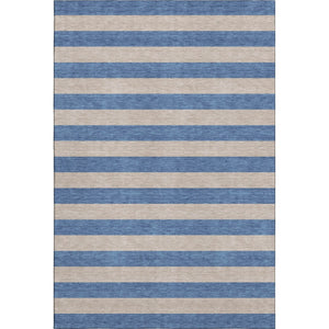 HomeRoots 5' Tan and Blue Striped Washable Area Rug - Durable, UV-Protected, Perfect for Busy Homes & Outdoor Use 647772