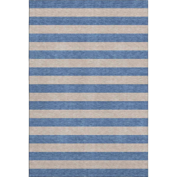 HomeRoots 5' Tan and Blue Striped Washable Area Rug - Durable, UV-Protected, Perfect for Busy Homes & Outdoor Use 647772
